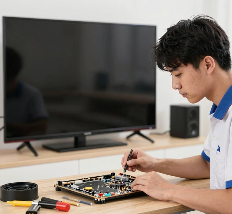 Close-up of a technician’s hands adjusting the internal components of a Hisense Android TV.
