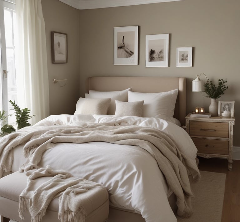 A cozy bedroom with soft cream bedding and warm beige accents, evoking restful sleep and relaxation.