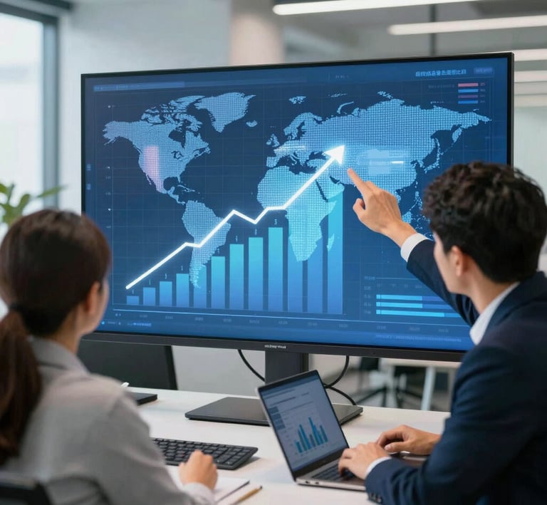A team of professionals analyzing market data on digital screens.
