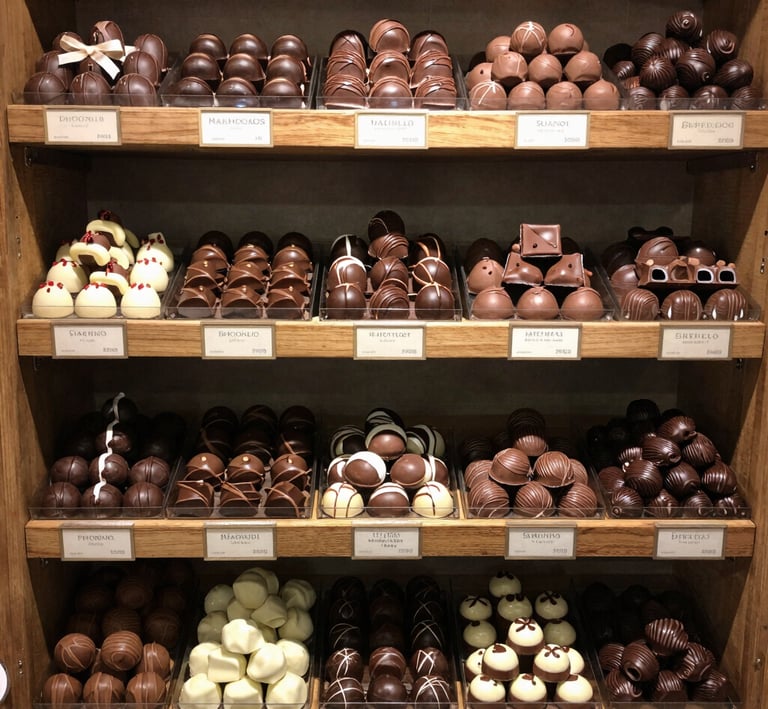 A beautifully arranged gift box filled with assorted chocolates and nougats.