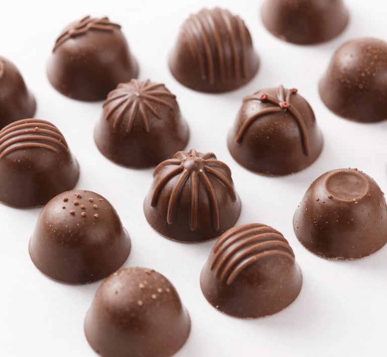 Close-up of a handcrafted dark chocolate truffle with delicate gold leaf decoration.