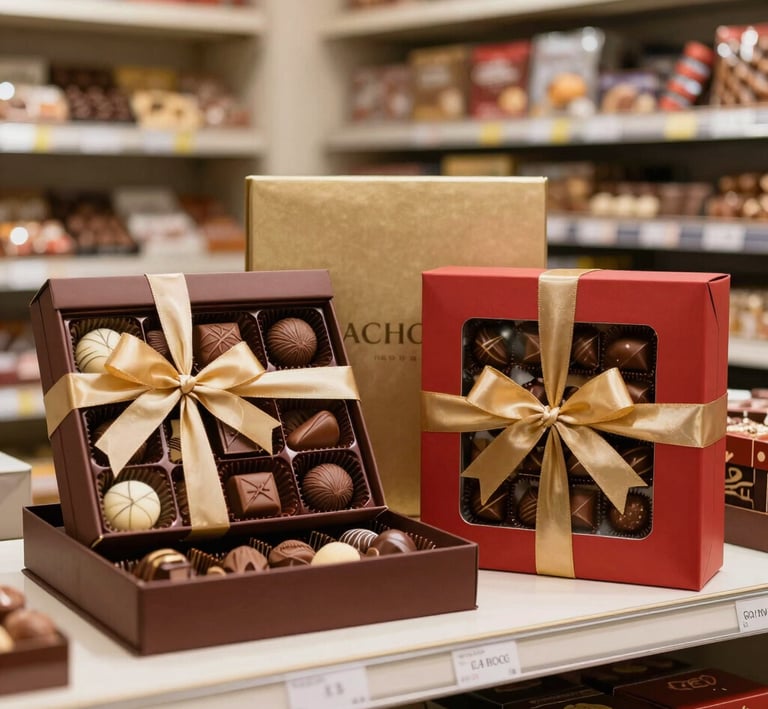 Rich, glossy chocolate bars stacked with visible cocoa beans and natural ingredients.