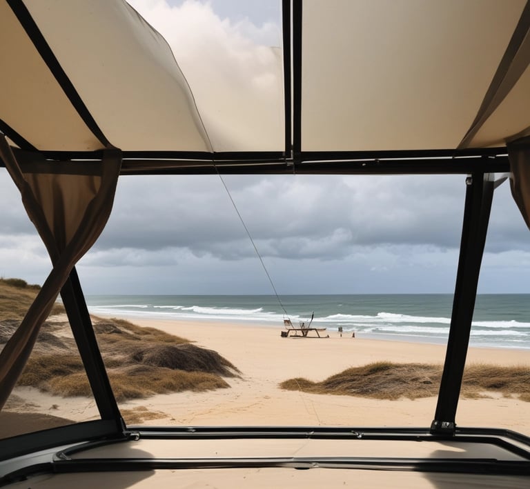 A compact camper fridge and water tank setup inside a cozy camping spot.