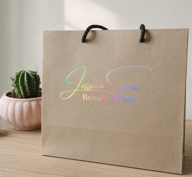Bolsa de carton craft con el nombre de Betty Center  en tonos tornasol