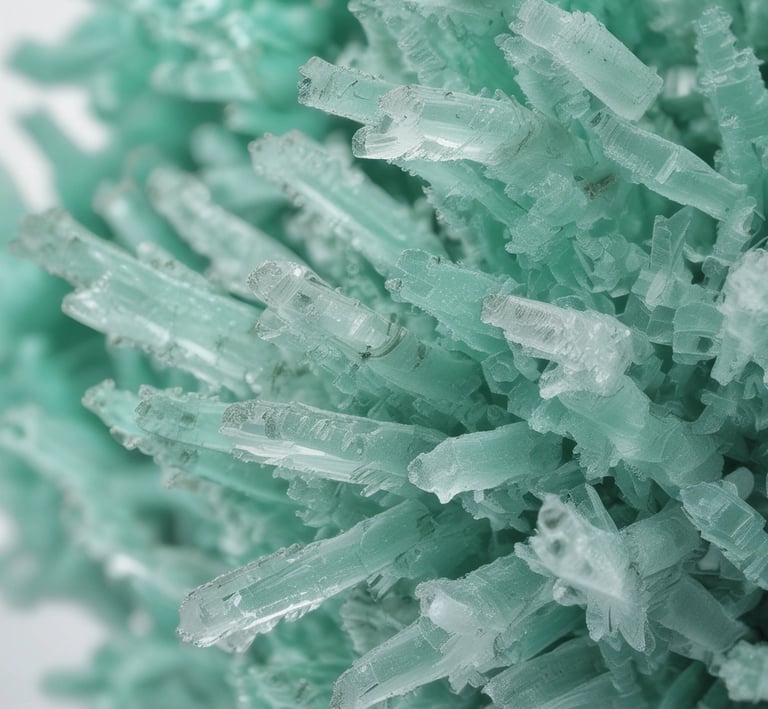 A clear image of white crystalline camphor chunks on a wooden surface.