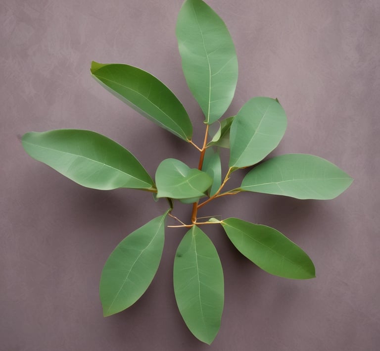 Eucalyptus leaves with droplets of oil glistening in natural light.