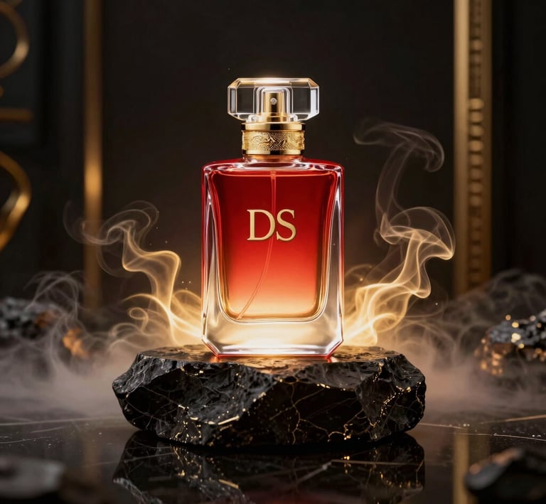 Rotating 3D model of a ds aroma perfume bottle with subtle fragrance particle animations.