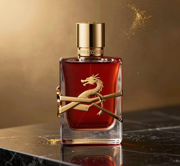 A sleek 3D-rendered ds aroma perfume bottle glowing softly against a dark background with gold accents.