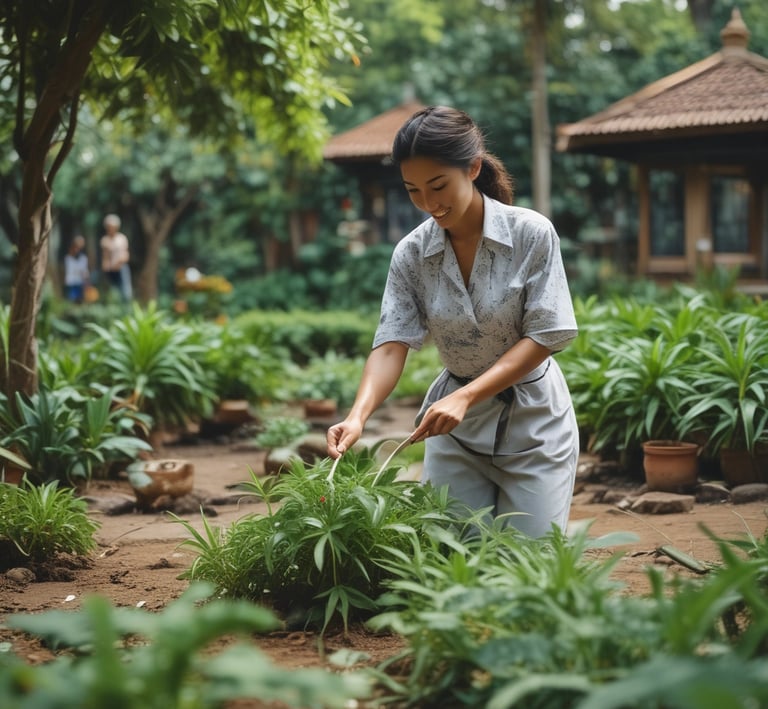 A staff member carefully tending to garden plants beside a villa pathway.