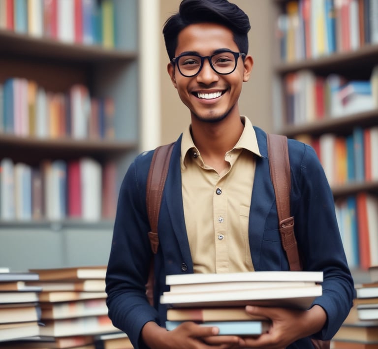 A smiling student standing in front of a famous Japanese landmark, excited for their studies.