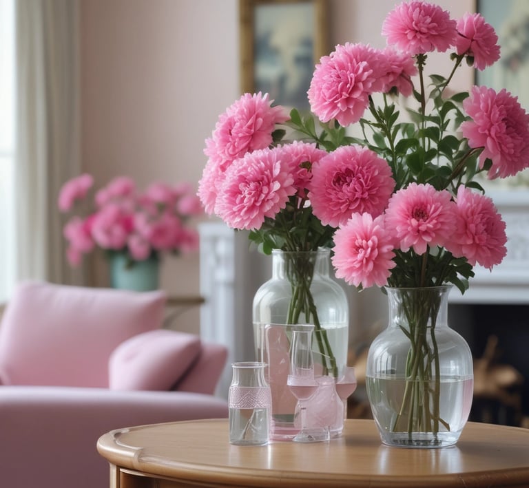 A cozy garden corner with blooming flowers and rustic wooden furniture bathed in soft morning light.