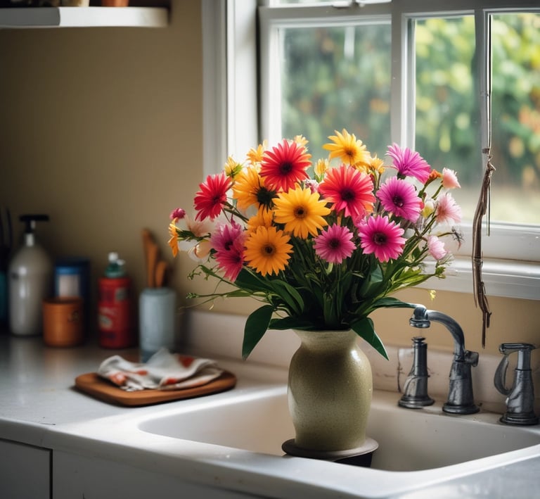 A bright and airy living room corner decorated with potted plants and soft beige textiles.