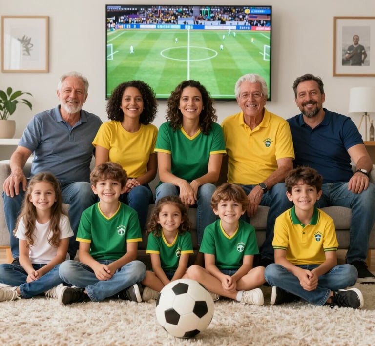 A cozy family moment capturing a child’s joyful expression while watching a soccer match at home.
