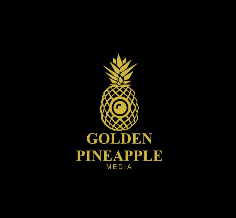 A logo of a pineapple with a camera lens centered in the middle , all golden yellow color