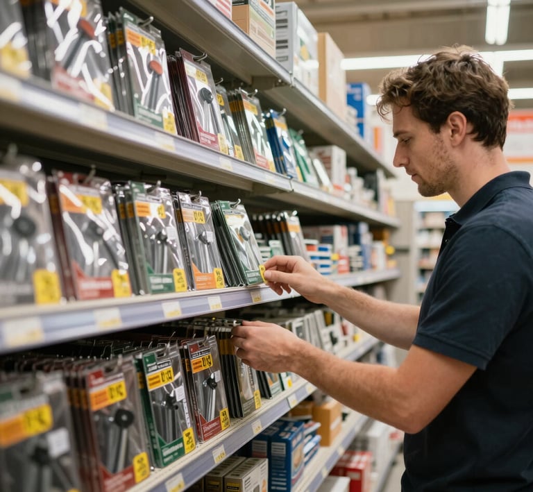 A wide shot of a warehouse stocked with various construction accessories and tools.