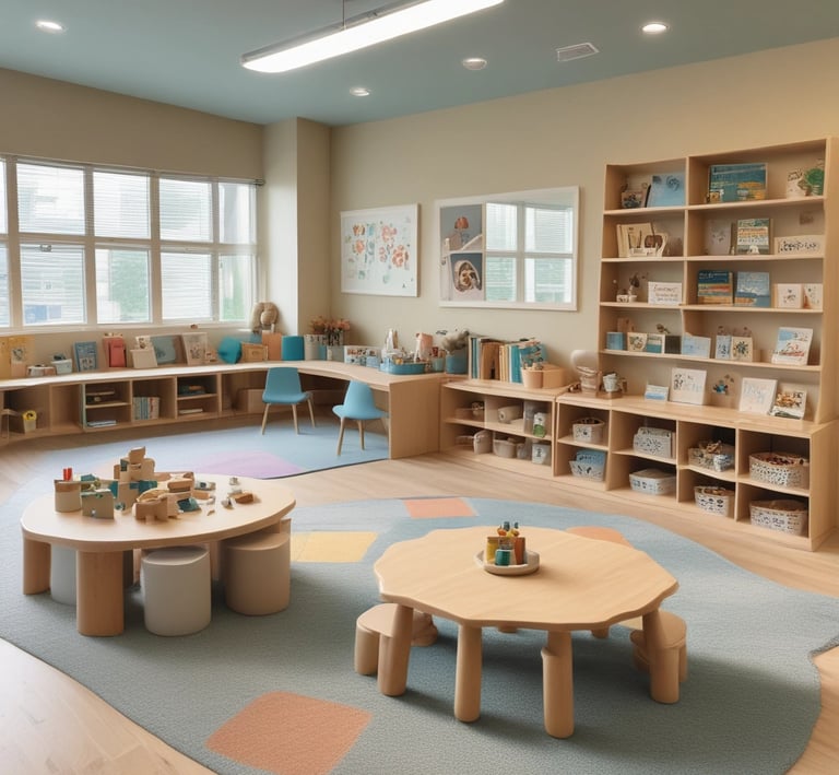 A cozy, well-arranged preschool classroom with labeled shelves and learning materials.