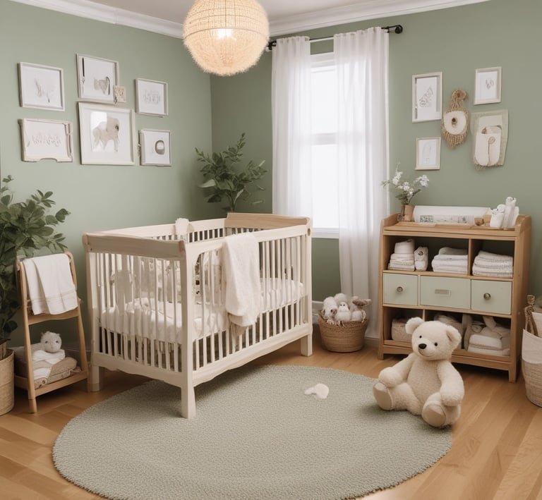 A serene, neatly organized nursery with soft earthy tones and minimalist decor.