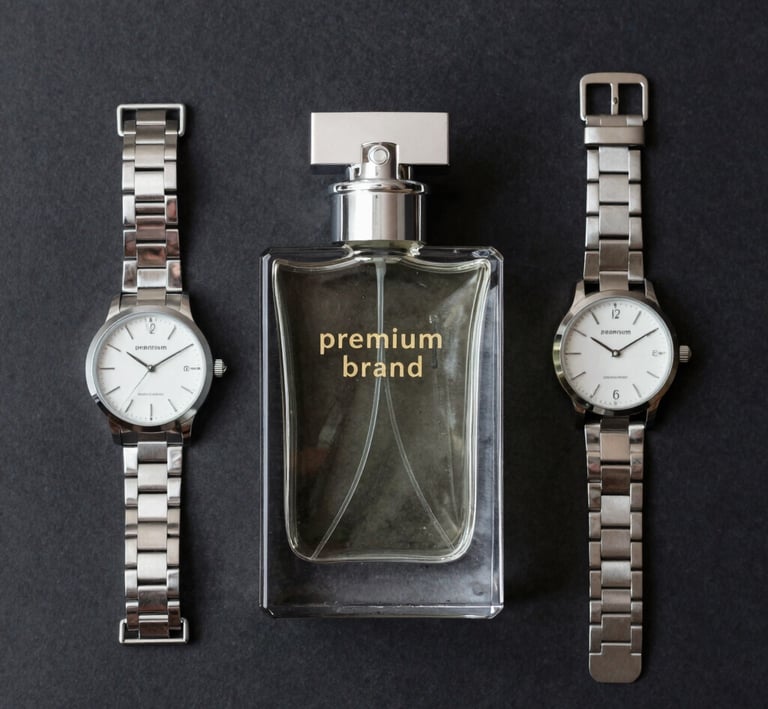 Flat lay of Atelier Lumina accessories and clothing pieces arranged artfully on a neutral background.