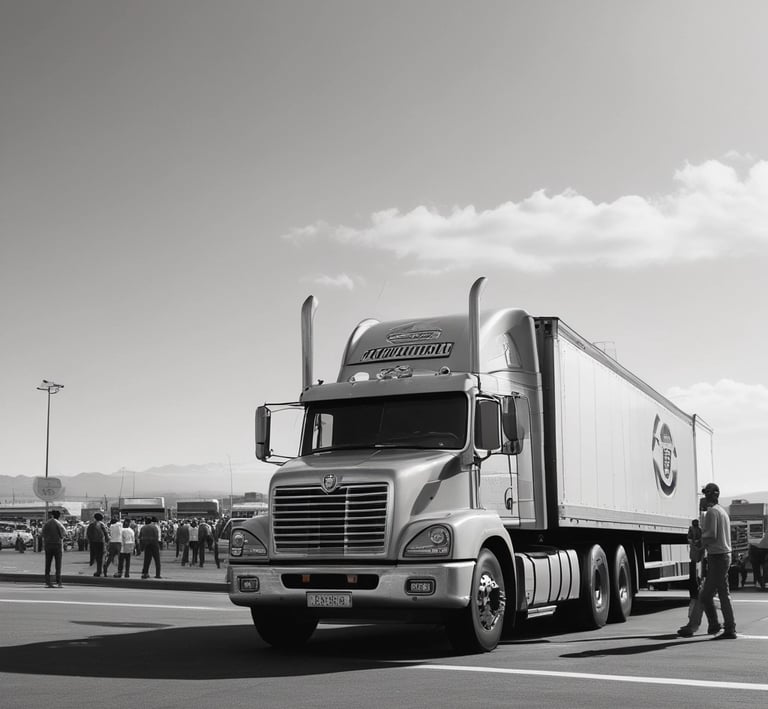 A convoy of trucks driving through a scenic Southern African landscape at dawn.