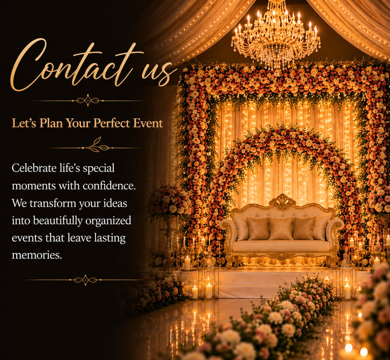 Luxury wedding stage decoration with elegant floral arrangements, crystal chandelier, warm fairy lig