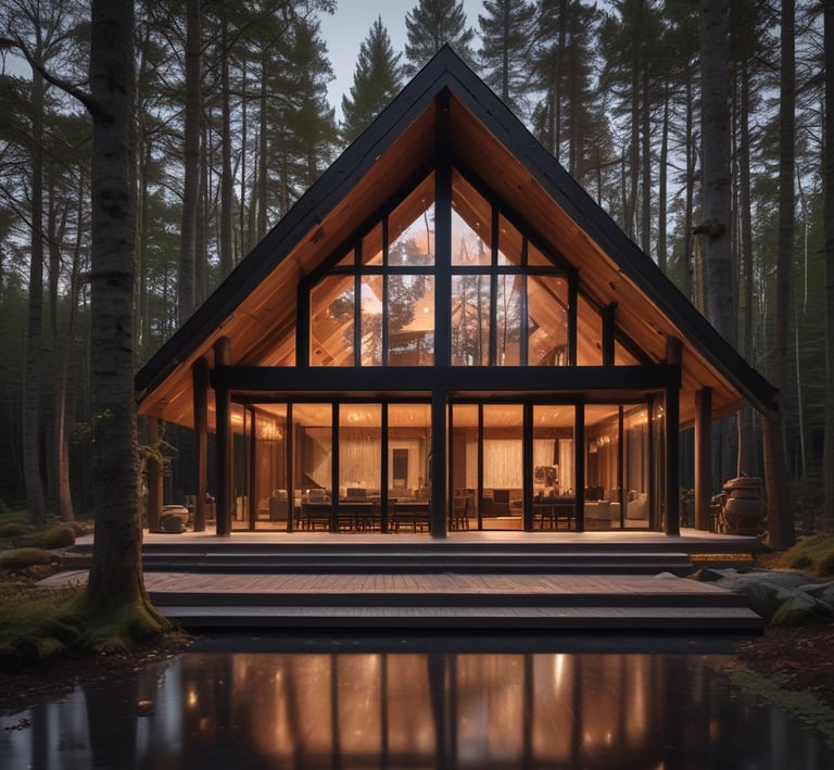 Interior view of a chalet living room with soft cream textiles and golden accents.