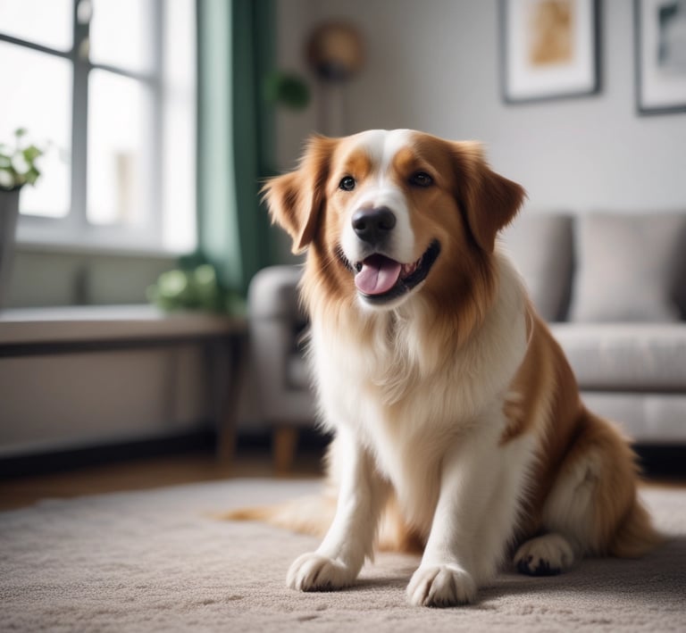 A cheerful small dog sitting on a colorful apartment balcony with city buildings in the background.
