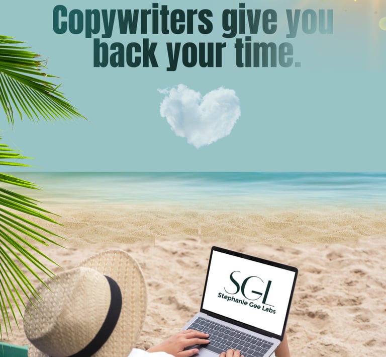 Lady sitting on beach with laptop that has SG Labs on the screen. 