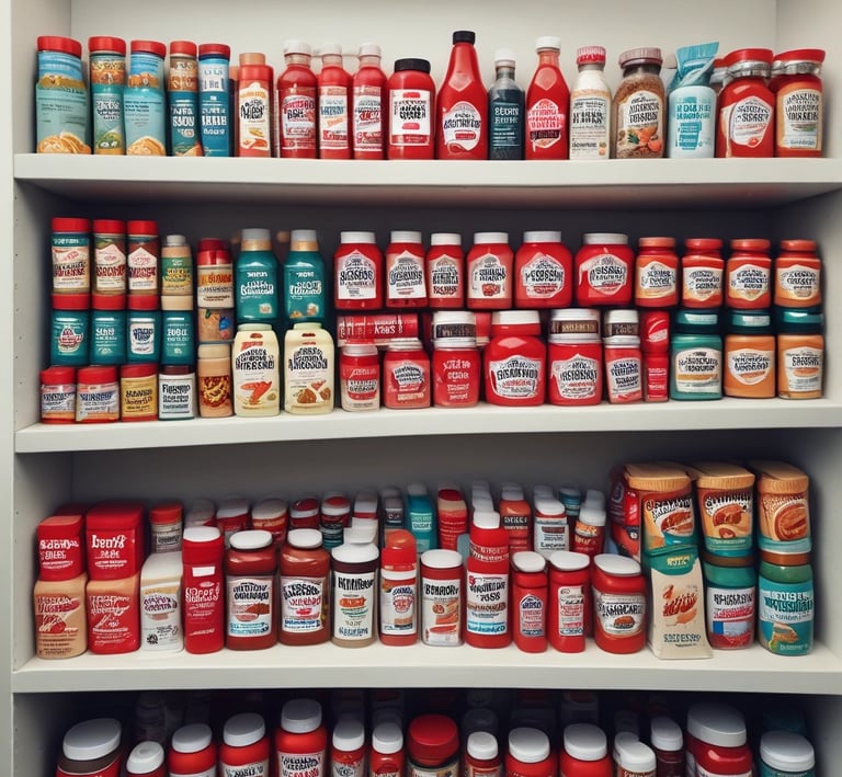 An inviting display of assorted food products neatly arranged on a clean white shelf.