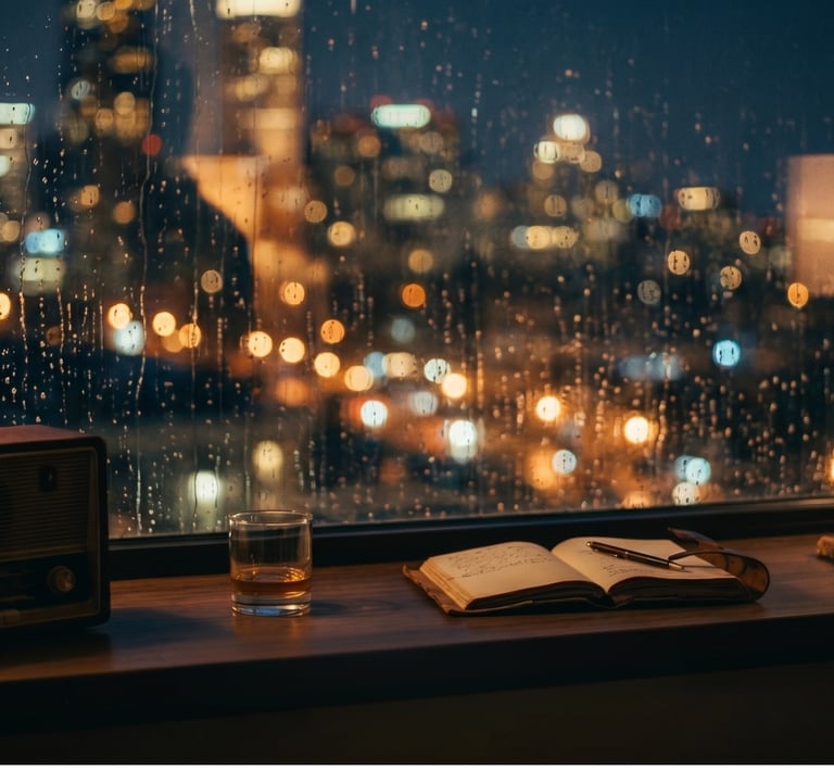 Vintage radio and journal on a window sill with rainy city night lights bokeh background.