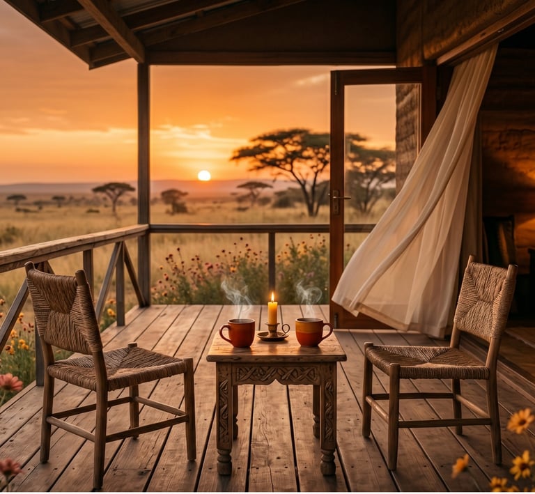 Sunset view from a safari lodge deck with steaming coffee mugs on a wooden table.