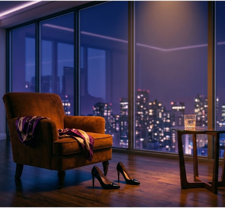 Luxury penthouse apartment at night featuring a velvet armchair and city skyline views.