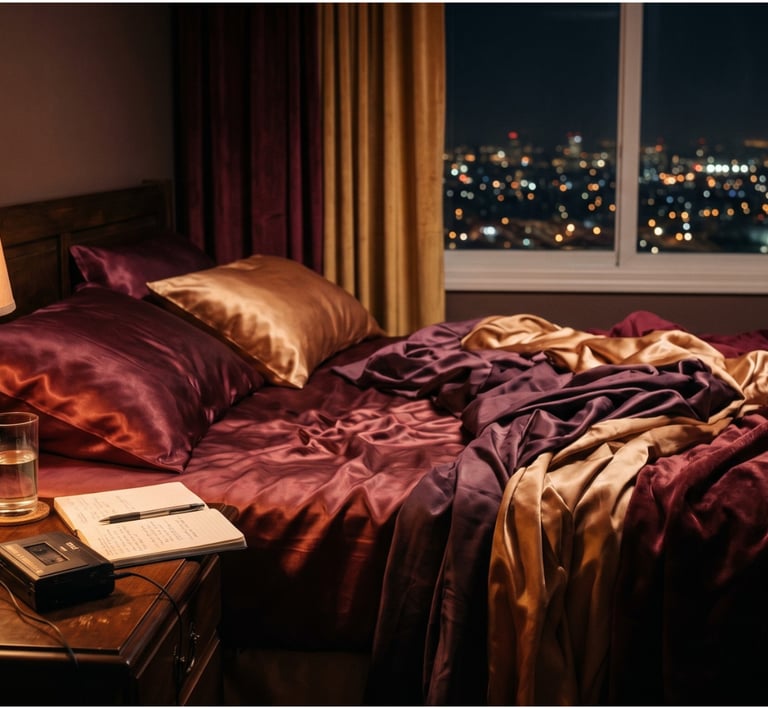 Luxury bedroom with silk bedding and a nightstand lamp overlooking a city skyline at night.