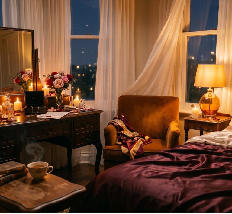 Cozy romantic bedroom with silk bedding, vintage vanity, and candles lit at night.