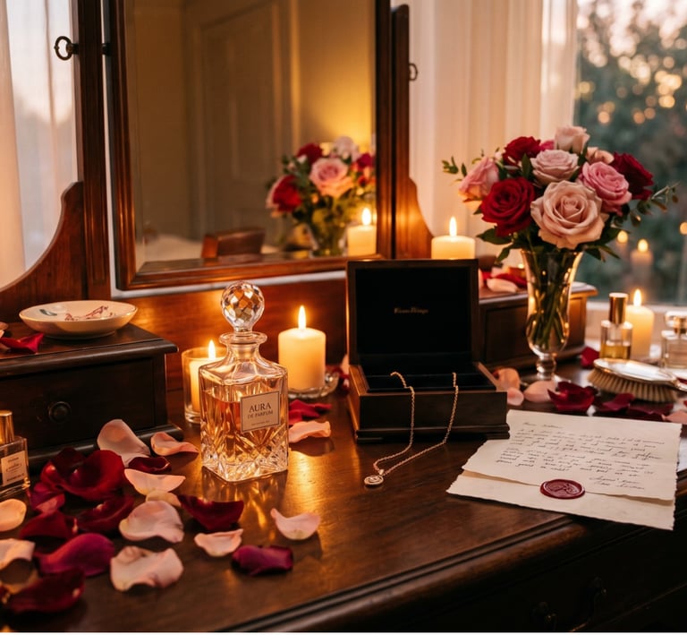 Vintage vanity with perfume bottles, lit candles, red rose petals, and a handwritten love letter.