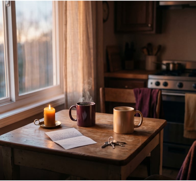 Cozy kitchen scene with steaming coffee mugs, a lit candle, and a handwritten note on a wooden table.