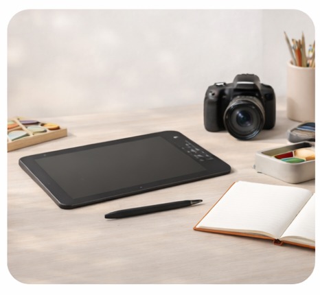 Professional digital drawing tablet with stylus pen and DSLR camera on a creative artist workspace desk.