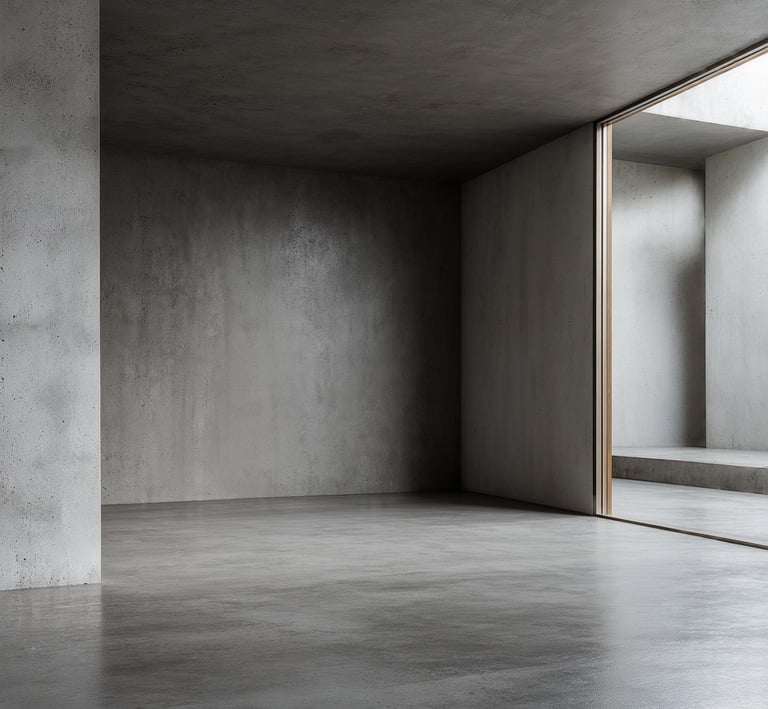 Minimalist modern interior with polished concrete floors and textured gray industrial walls.