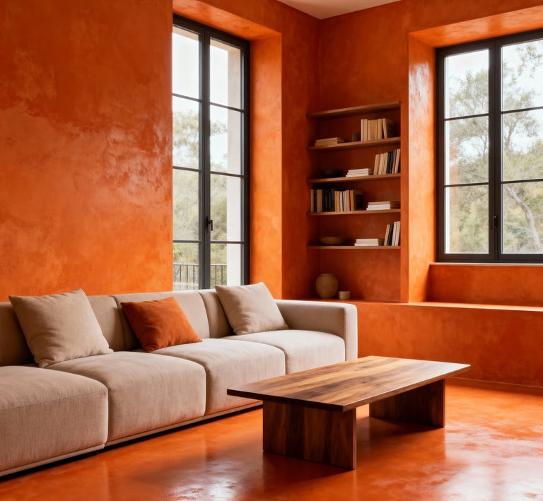 Modern living room with textured walls in vibrant orange microcement,