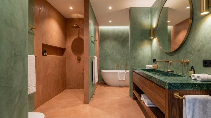 A modern and luxurious bathroom featuring microcement in a variety of colours