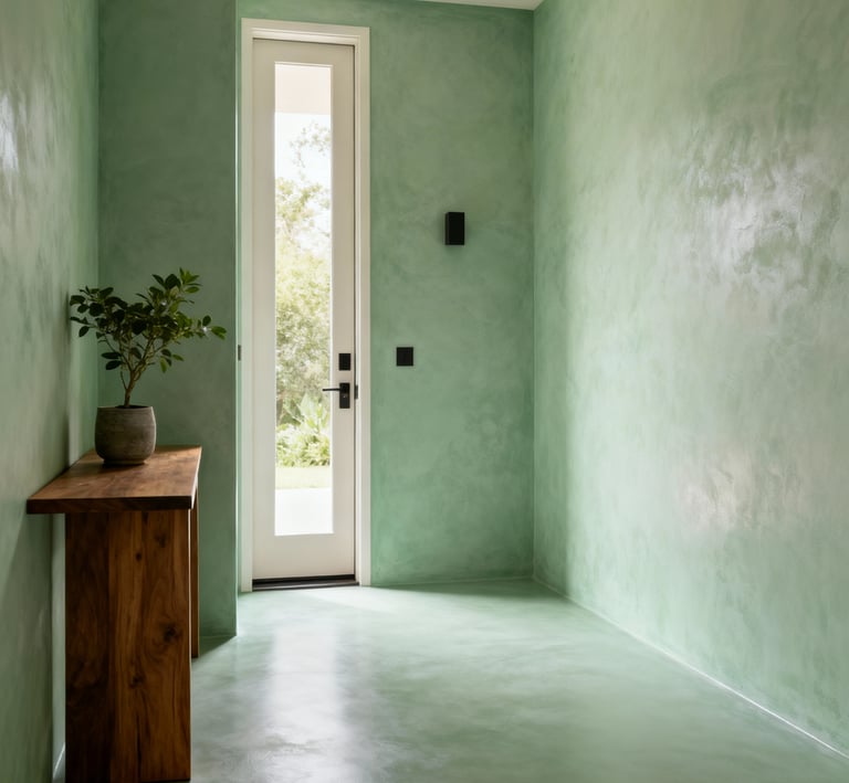 Modern entrance with walls covered in green microcement.
