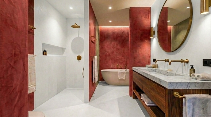 A modern and luxurious bathroom featuring microcement in a variety of colours