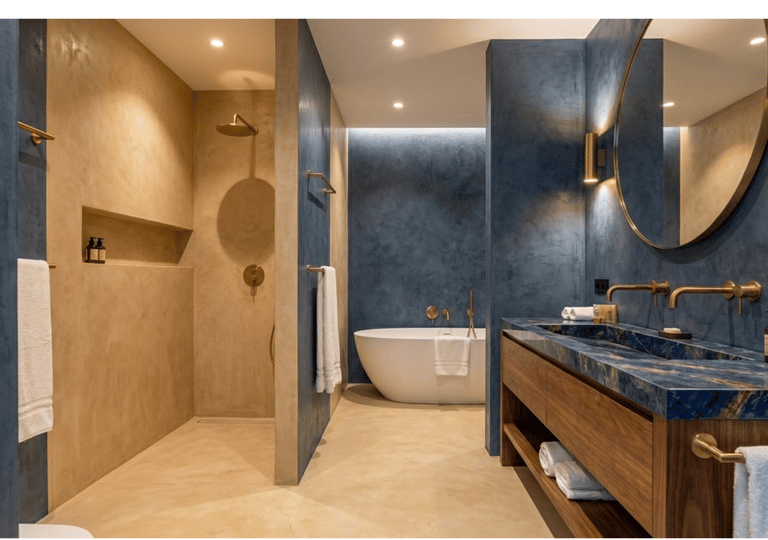 A modern and luxurious bathroom featuring microcement in a variety of colours