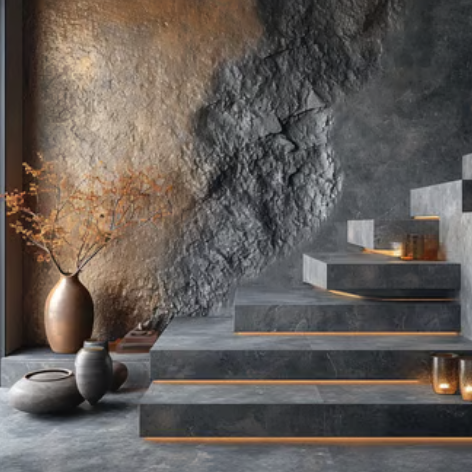 Modern interior with stone steps, LED lighting, and a textured slate feature wall.