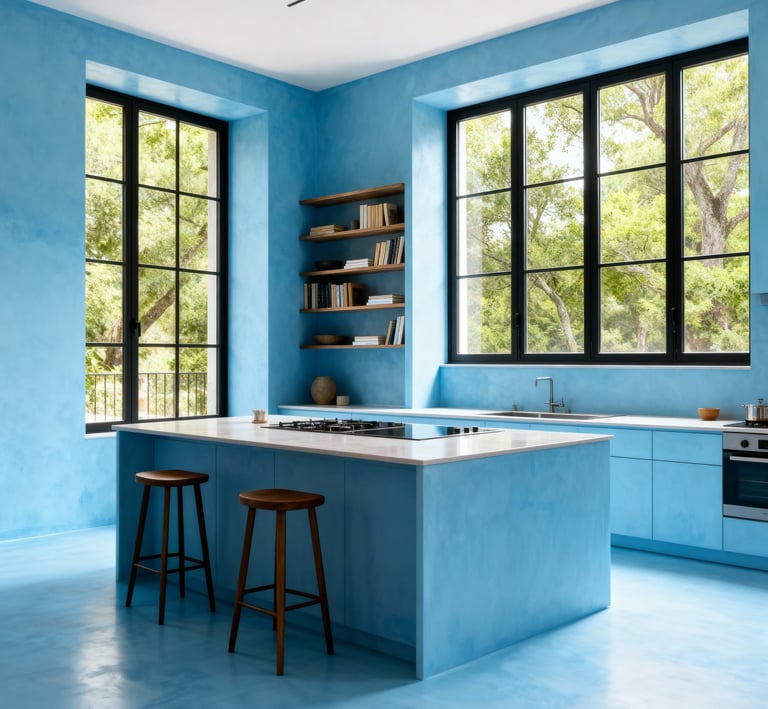 Modern kitchen with blue microcement walls and floors, featuring a minimalist island and large windows.