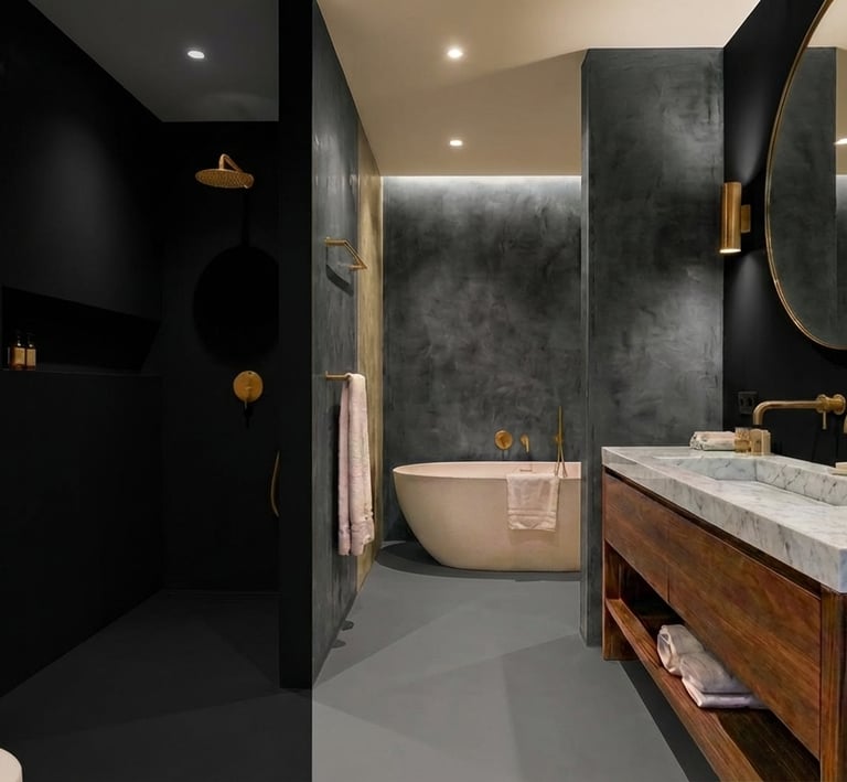 A modern and luxurious bathroom featuring microcement in a variety of colours