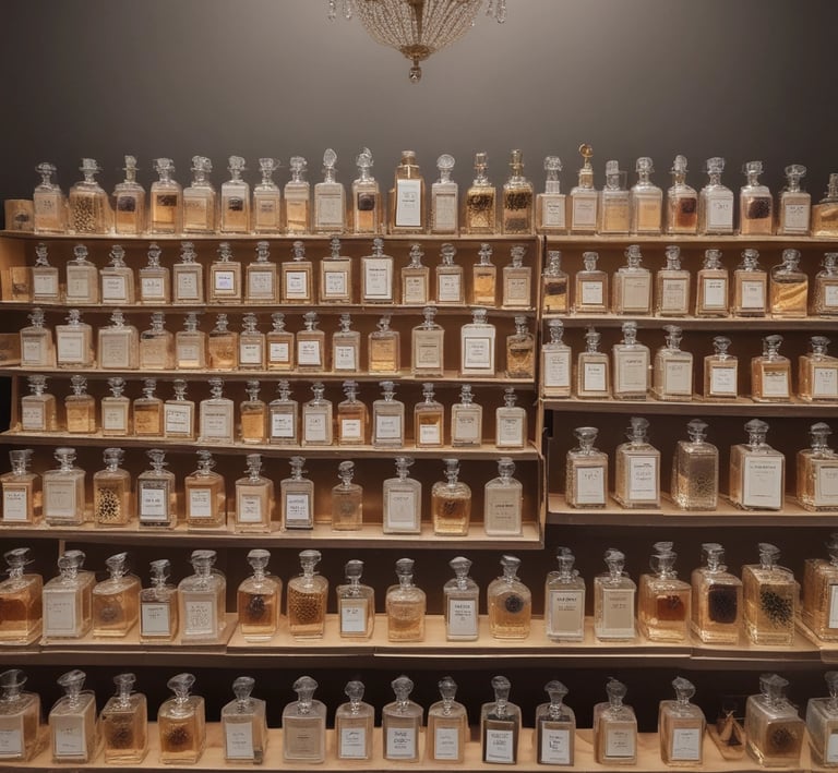 A stylish influencer holding a luxury fragrance bottle in an elegant urban setting.