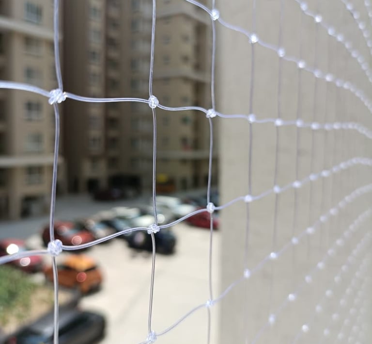 Close-up of a sturdy pigeon net tightly secured on a balcony railing in Thane West.