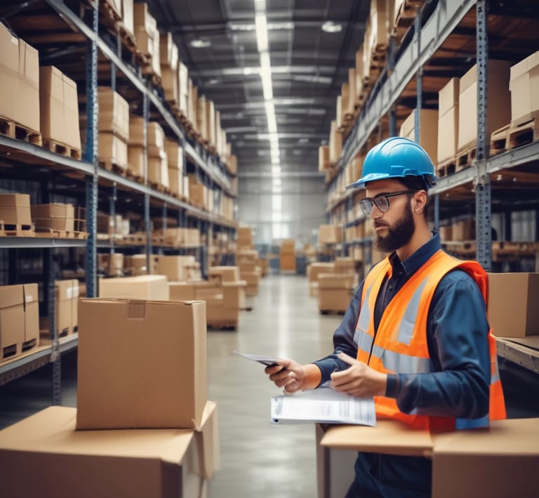 A professional team discussing trade documents in a bright office setting.