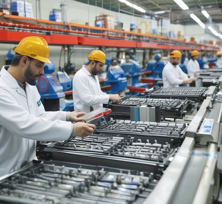 A professional team discussing trade documents in a bright office setting.