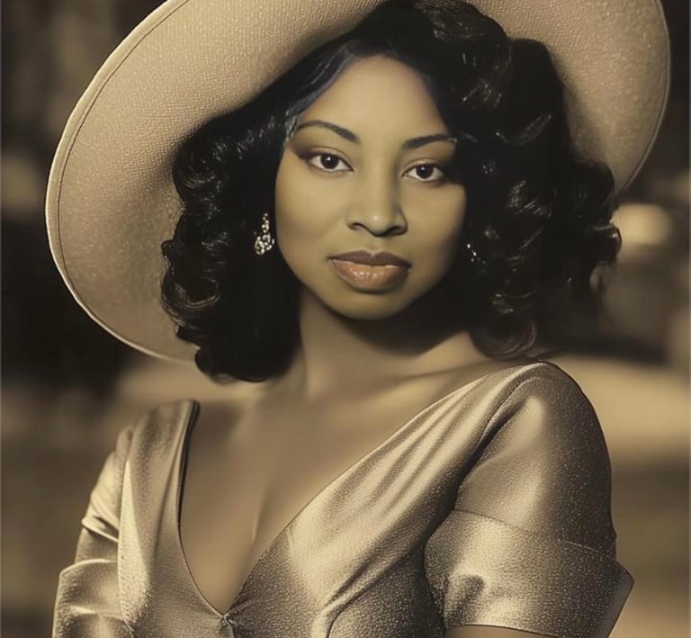 Ruby Mae Davenport, jazz soul artist, wearing a vintage-inspired hat and dress, captured in a timele